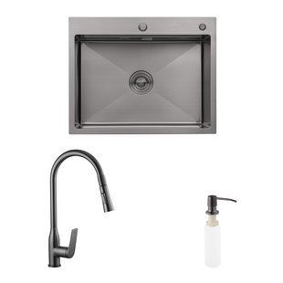 Комплект кухонна мийка Kroner Schwarze-6350HM PVD + змішувач Graz-GRP030 + дозатор Spender-026