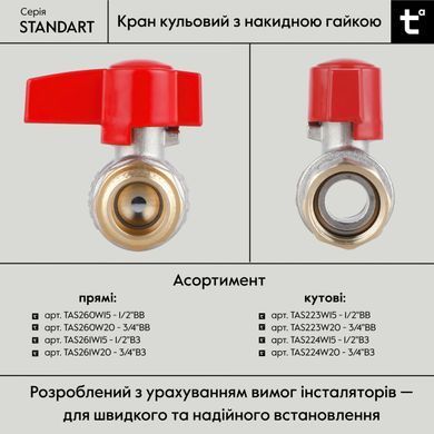 Кран кульовий прямий 1/2"ВЗ з накидною гайкою Standart TAS261W15 Thermo Alliance