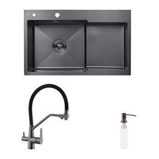 Комплект кухонна мийка Kroner Schwarze-7848LHM PVD + змішувач Edelstahl Klassisch-PVD03817BLK + дозатор Spender-026