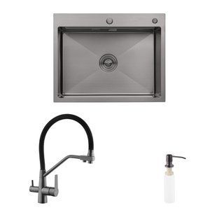 Комплект кухонна мийка Kroner Schwarze-6350HM PVD + змішувач Edelstahl Klassisch-PVD03817BLK + дозатор Spender-026