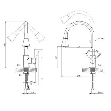 Комплект кухонна мийка Kroner Geb&uuml;rstet-6350RHM + змішувач K&uuml;che-C031BLK + дозатор Spender-ECG049